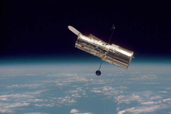 NASA's Hubble Space Telescope as seen during the second servicing mission to the observatory in 1997. (Credit: NASA)