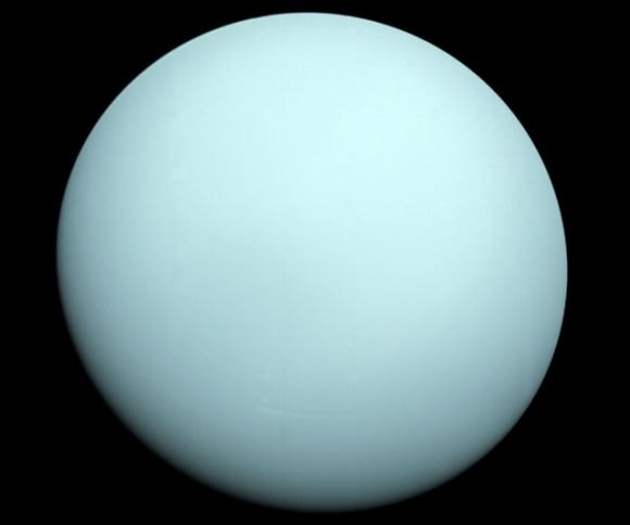 Uranus as seen through the automated eyes of Voyager 2 in 1986. (Credit: NASA/JPL).