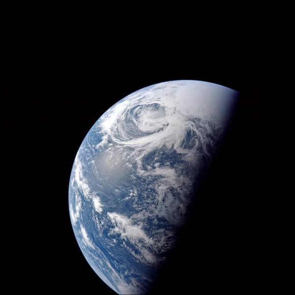A half-Earth shines in this image taken by the Apollo 13 crew in April 1970. Credit: NASA / Lunar and Planetary Institute