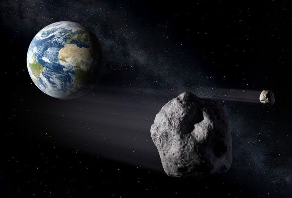 Artist view of an asteroid (with companion) passing near Earth. Credit: P. Carril / ESA