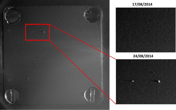 Rosetta's dust collector, Cometary Secondary Ion Mass Analyser (COSIMA), collected its first grains from Comet 67P/Churyumov–Gerasimenko in August 2014. This image shows before and after images of the collection. Credit: ESA/Rosetta/MPS for COSIMA Team MPS/CSNSM/UNIBW/TUORLA/IWF/IAS/ESA/ BUW/MPE/LPC2E/LCM/FMI/UTU/LISA/UOFC/vH&S