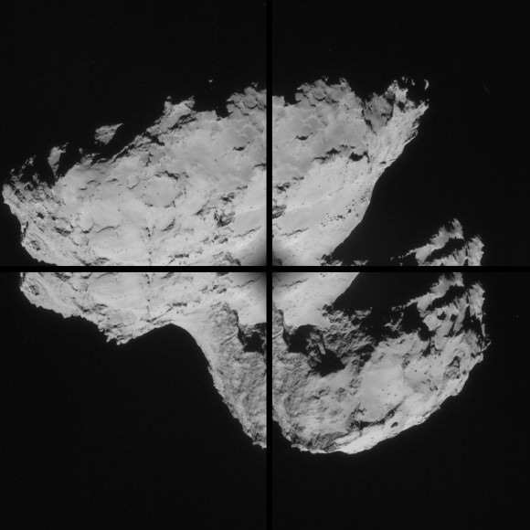 Four-image montage comprising images taken by Rosetta's navigation camera on 31 August 2014 from a distance of 61 km from comet 67P/Churyumov-Gerasimenko. The comet nucleus is about 4 km across. Credits: ESA/Rosetta/NAVCAM