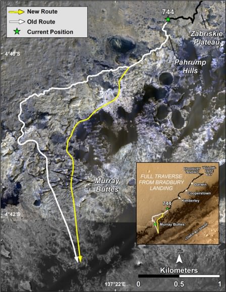 HIRISE images from the orbiting MRO spacecraft are used to show the old and new routes of NASA's Mars Curiosity rover. The new route provides excellent access to many features in the Murray Formation. And it will eventually pass by the Murray Formation's namesake, Murray Buttes, previously considered to be the entry point to Mt. Sharp. (Credit: NASA/JPL-Caltech/Univ. of Arizona)