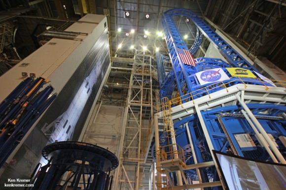 Wide view of the new welding tool at the Vertical Assembly Center at NASA’s Michoud Assembly Facility in New Orleans at a ribbon-cutting ceremony Sept. 12, 2014.  Credit: Ken Kremer – kenkremer.com
