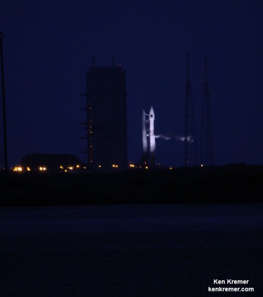 Nightfall over CLIO and Atlas V rocket at Space Launch Complex-41 prior to weather delayed Sept. 16, 2014 launch from  Cape Canaveral Air Force Station, Fla. Credit: Ken Kremer - kenkremer.com