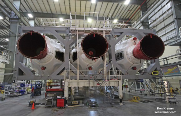 These three RS-68 engines will power each of the attached Delta IV Heavy Common Booster Cores (CBCs) the will launch NASA’s maiden Orion on the EFT-1 mission in December 2014.   Credit: Ken Kremer/kenkremer.com 