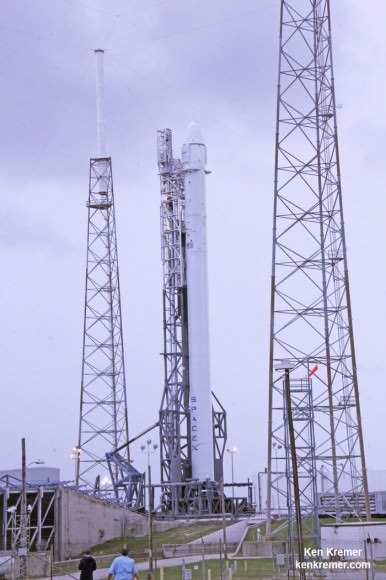 SpaceX Falcon 9 erect at Cape Canaveral launch pad 40  awaiting launch on Sept 20, 2014 on the CRS-4 mission. Credit: Ken Kremer - kenkremer.com