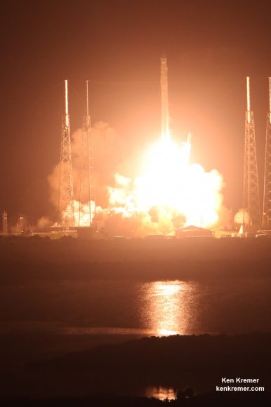 A SpaceX Falcon 9 rocket carrying a Dragon cargo capsule packed with science experiments and station supplies blasts off from Space Launch Complex 40 at Cape Canaveral Air Force Station, Florida, at 1:52 a.m. EDT on Sept. 21, 2014 bound for the ISS.  Credit: Ken Kremer/kenkremer.com
