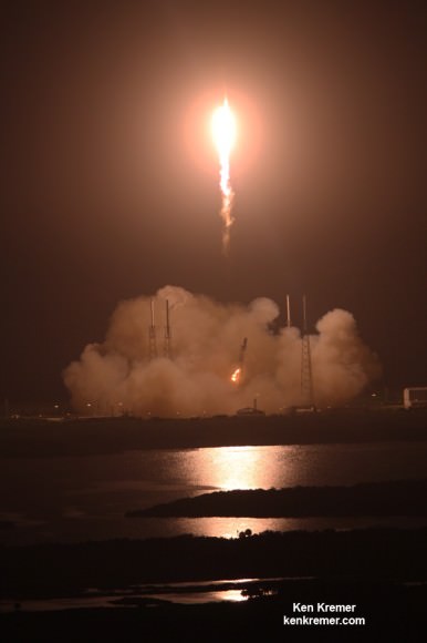 A SpaceX Falcon 9 rocket carrying a Dragon cargo capsule packed with science experiments and station supplies blasts off from Space Launch Complex 40 at Cape Canaveral Air Force Station, Florida, at 1:52 a.m. EDT on Sept. 21, 2014 bound for the ISS.  Credit: Ken Kremer/kenkremer.com