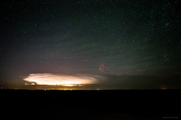 More sprites with airglow and gravity waves over South Dakota on August 20, 2014. Credit and copyright: Randy Halverson. 