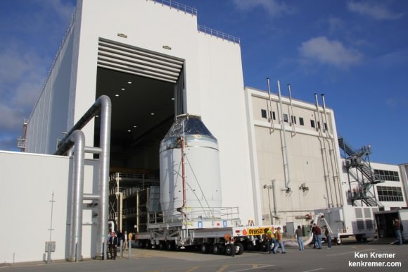 NASA’s Orion EFT 1 crew module departs Neil Armstrong Operation and Checkout Building on Sept. 11, 2014 at the Kennedy Space Center, FL, beginning the long journey to the launch pad and planned liftoff on Dec. 4, 2014.  Credit: Ken Kremer - kenkremer.com  