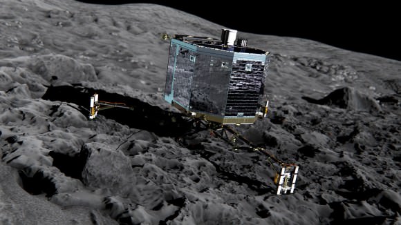 Illustration of Philae on a cometary surface. The actual surface of 67P/Churyumov-Gerasimenko is actually as dark as a barbecue briquette. (Credit: ESA) 