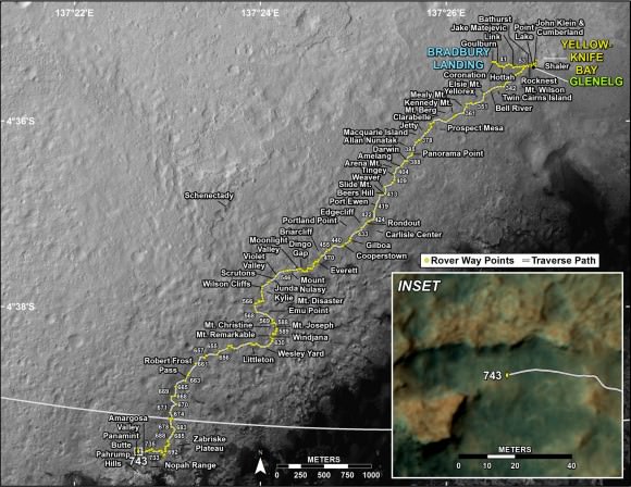 The Mars Trek of NASA's Curiosity Rover from Bradbury Station (landing site) up to Martian Sol 743. The announcement that Curiosity has reached the base of Mt. Sharp is Sol 746. (Credit: NASA/JPL)