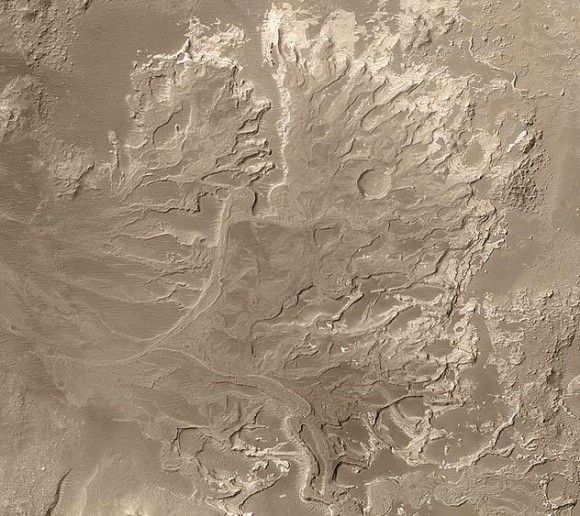 Evidence for ancient water flows on Mars - a delta in Eberswalde Crater. Credit: NASA