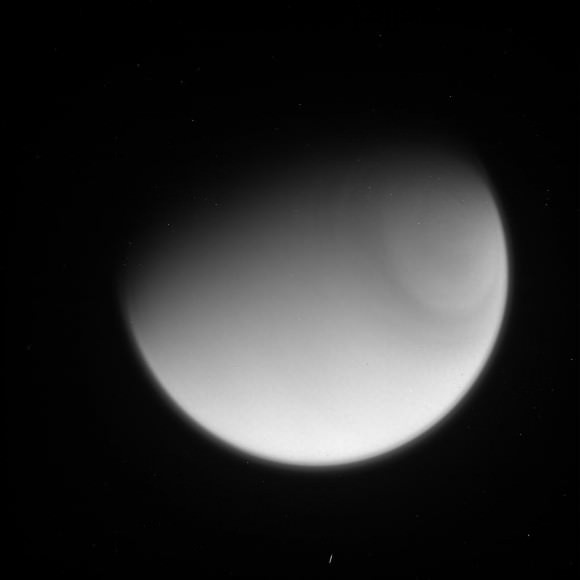 A raw image of Saturn's moon Titan taken by the Cassini spacecraft Sept. 14, 2014. Credit: NASA/JPL/Space Science Institute