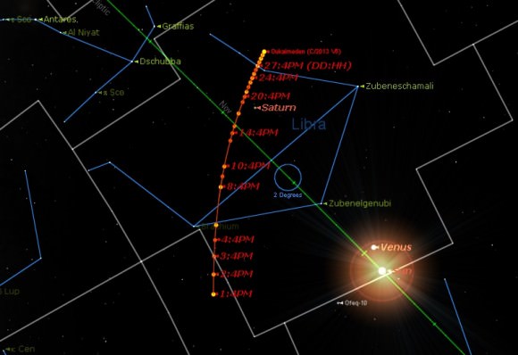 The path of Comet ... the Sun position is shown for the final date.