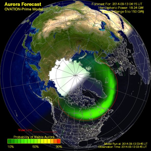 The auroral oval around 2:30 p.m. CDT this afternoon September 12 shows a southward expansion into the Scandinavian countries and Russia and Iceland. Where the sky is dark, auroras are typically seen anywhere under or along the edge of the oval. Click for current map. Credit: NOAA