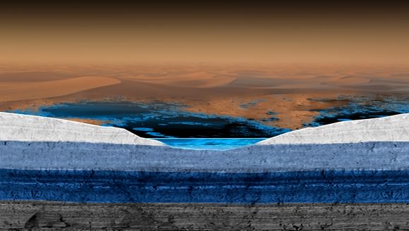 Artist's conception of a possible structure for underground liquid reservoirs on Saturn moon's Titan. Credit: ESA/ATG medialab 