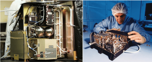 Philae's two Gas Chromatograph (GC). Left: COSAC, integrated into Philae, Right: PTOLEMY on an engineering lab. (Credit: ESA)