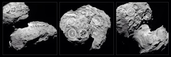 Five candidate landing sites on 67P as viewed from three perspectives. Down selection from 10 to 5 was announced August 25. The final selection is to be announced by September 14th for the landing scheduled on November 11th. (Photo Credit: ESA)