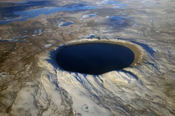 An aerial view of Pingualuit crater in northern Quebec. Credit: NASA/Denis Sarrazin and the Pingualuit Crater Lakes project.