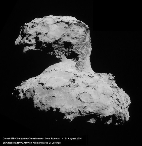 Four-image photo mosaic comprising images taken by Rosetta's navigation camera on 31 August 2014 from a distance of 61 km from comet 67P/Churyumov-Gerasimenko. The mosaic has been rotated and contrast enhanced to bring out details. The comet nucleus is about 4 km across. Credits: ESA/Rosetta/NAVCAM/Ken Kremer/Marco Di Lorenzo