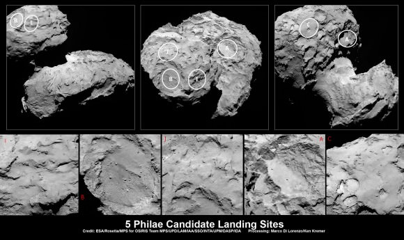 Five candidate sites were identified on Comet 67P/Churyumov-Gerasimenko for Rosetta’s Philae lander.   The approximate locations of the five regions are marked on these OSIRIS narrow-angle camera images taken on 16 August 2014 from a distance of about 100 km. Enlarged insets below highlight 5 landing zones.  Credits: ESA/Rosetta/MPS for OSIRIS Team MPS/UPD/LAM/IAA/SSO/INTA/UPM/DASP/IDA  Processing: Marco Di Lorenzo/Ken Kremer