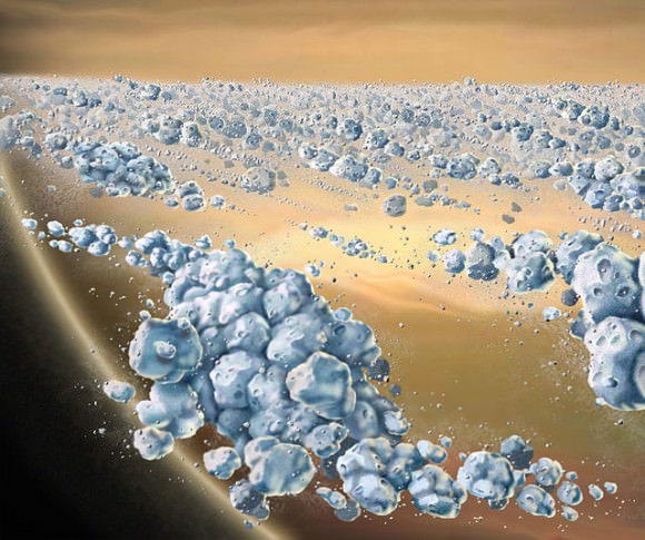 A 2007 artist impression of the aggregates of icy particles that form the 'solid' portions of Saturn's rings. These elongated clumps are continually forming and dispersing. The largest particles are a few metres across.They clump together to form elongated, curved aggregates, continually forming and dispersing. Credit: NASA/JPL/Univ. of Colorado