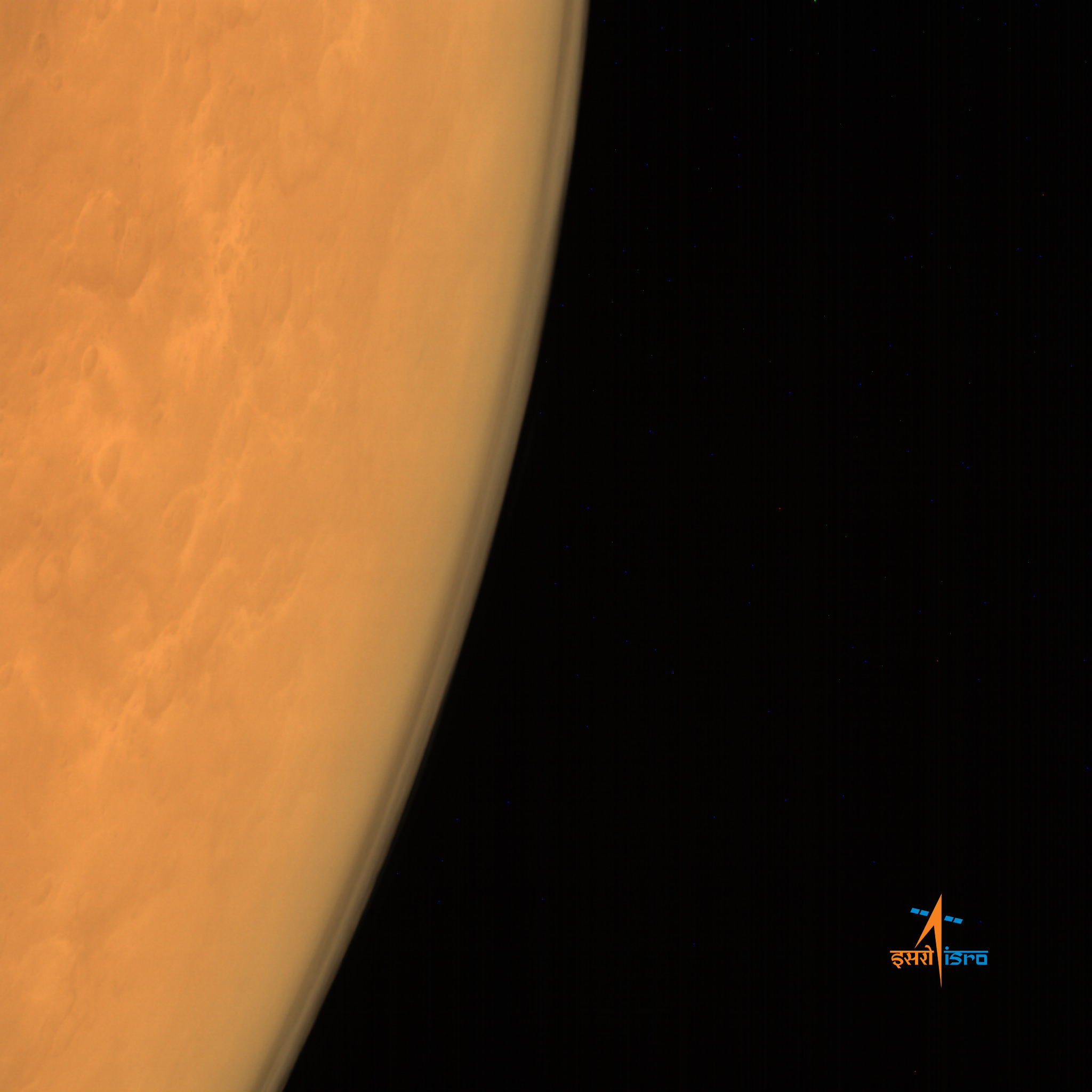 ISRO's Mars Orbiter Mission captures the limb of Mars with the Mars Color Camera from an altitude of 8449 km soon after achieving orbit on Sept. 23/24, 2014. . Credit: ISRO 