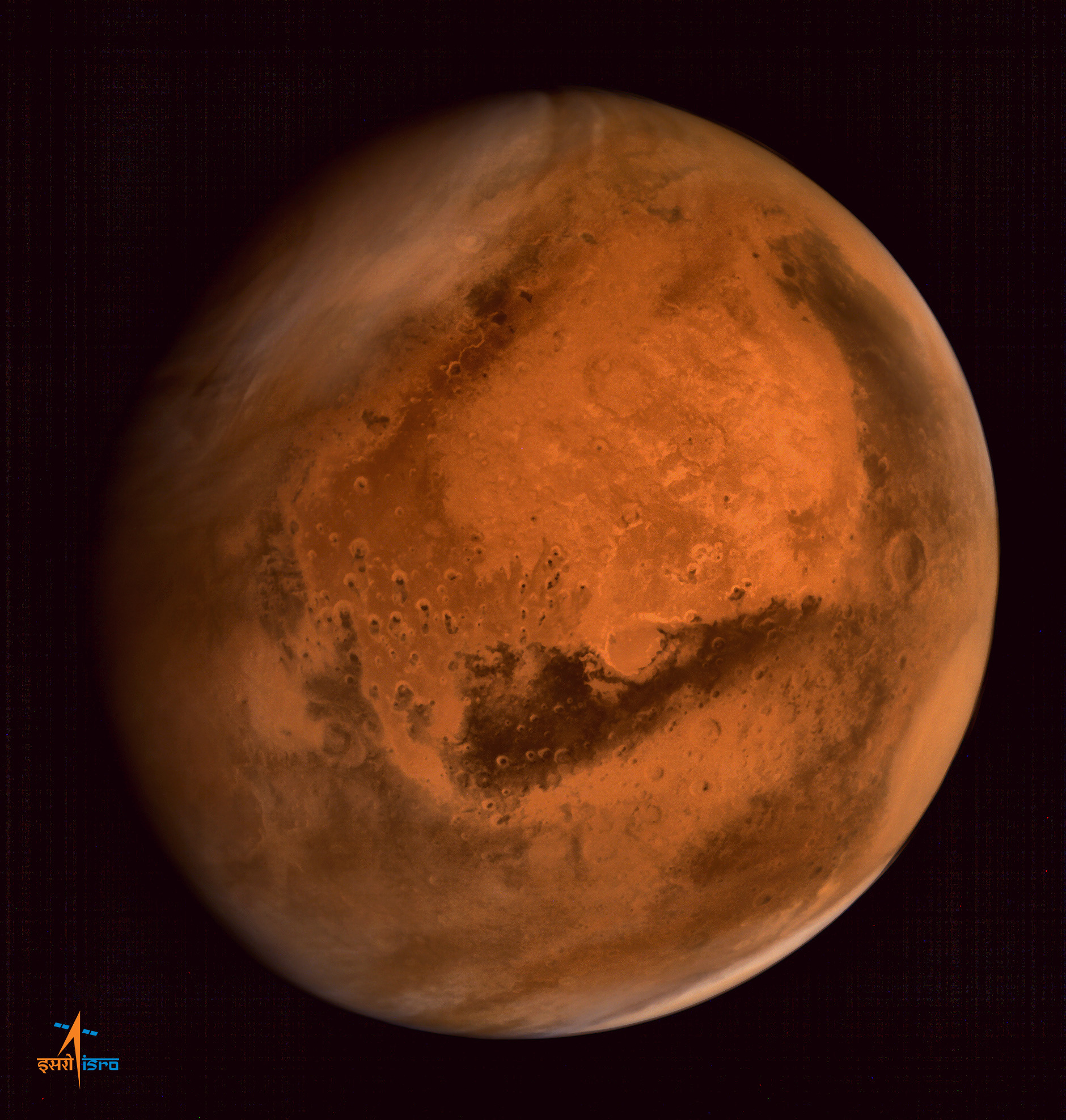 ISRO's Mars Orbiter Mission captures spectacular portrait of the Red Planet and swirling dust storms with the on-board Mars Color Camera from an altitude of 74500 km on Sept. 28, 2014.  Credit: ISRO