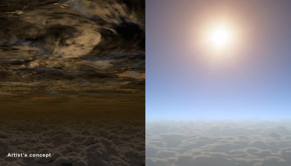 Artist's conception of what the weather may look like on HAT-P-11b, a Neptune-sized exoplanet. The upper atmosphere (right) appears clear while the lower atmosphere may host clouds. Credit: NASA/JPL-Caltech