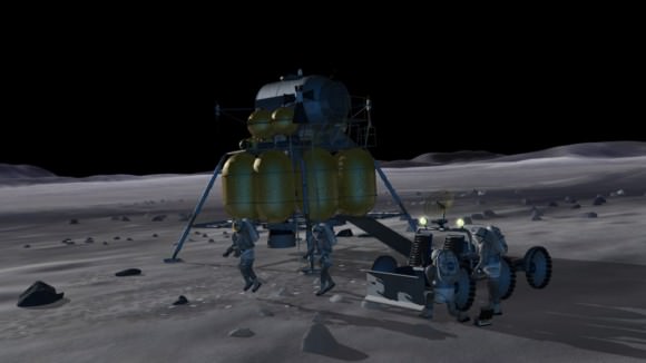 Artist's impression of astronauts on the moon. This image was used to illustrate a landing concept of NASA's now defunct Constellation program. Credit: John Frassanito and Associates / NASA