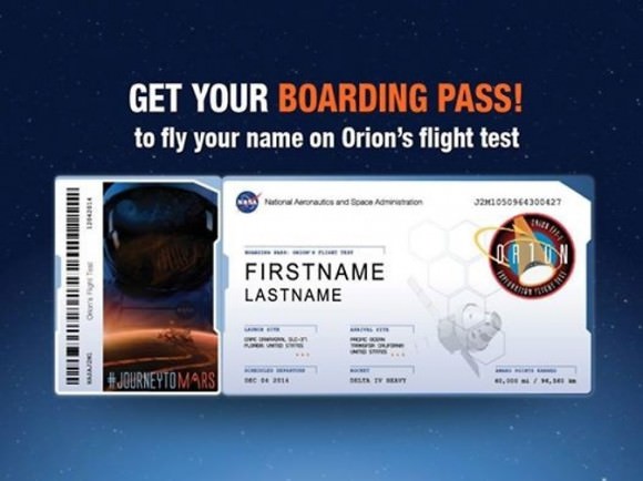 NASA invites you to send your name to Mars via the first Orion test flight in December 2014.  Deadline for submissions is Oct 31, 2014. Join over 170,000 others! See link below. Credit: NASA