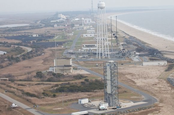 Another aerial view of the Wallops Island launch facilities taken by the Wallops Incident Response Team Wednesday, Oct. 29, 2014 following the failed launch attempt of Orbital Science Corp.'s Antares rocket Oct. 28, Wallops Island, VA. Photo Credit: (NASA/Terry Zaperach)
