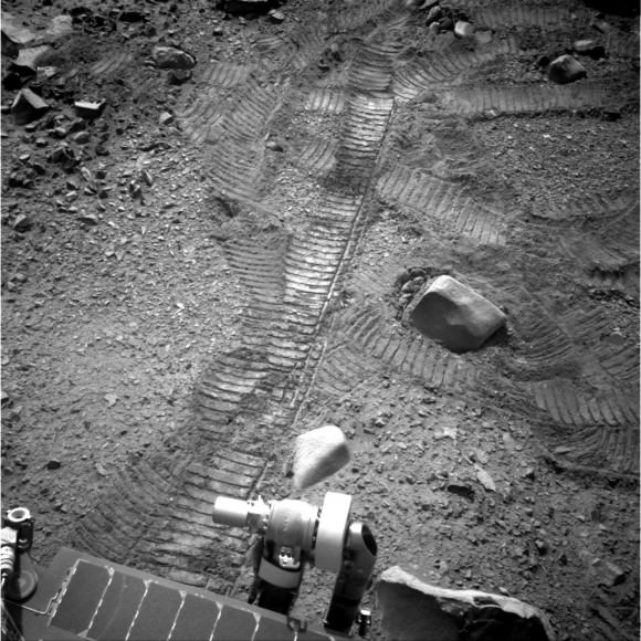 The Opportunity rover's tracks dominate this image taken on Mars on Sol 3,807 in October 2014. Credit: NASA/JPL-Caltech