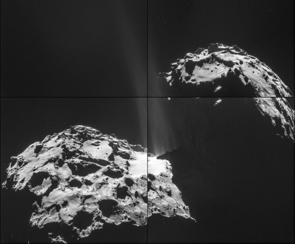 Jets of gas and dust are seen escaping comet 67P/C-G on September 26 in this four-image mosaic. Click to enlarge. Credit: ESA/Rosetta/NAVCAM