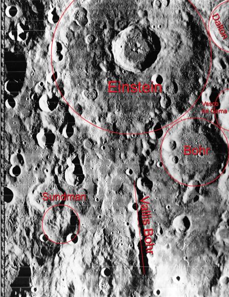 A NASA Lunar Orbiter image of the LADEE impact site. Einstein is actually a old low profile crater 198 km in diameter with 51 km "Einstein A" at its center. Sundman is also a low profile crater, 40 km, with satellite craters J (southwest), V (southeast). (Photo Credit: NASA)