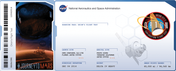 Orion EFT-1 Boarding Pass sample.  Credit: NASA