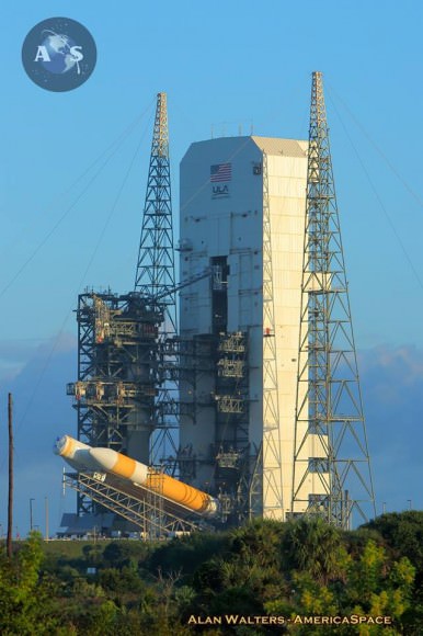 Orion’s EFT-1 launch vehicle being hoisted vertical at SLC-37B this morning. Photo Credit: Alan Walters / AmericaSpace 