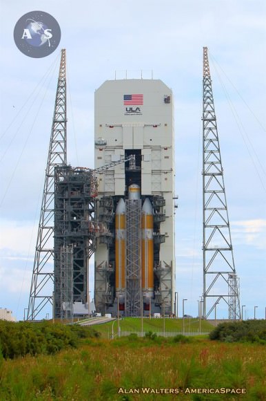 United Launch Alliance Delta-IV Heavy rocket  launching NASA’s Orion’s EFT-1 in Dec. 2014 being hoisted vertical at SLC-37B on the morning of Oct. 1, 2014. Photo Credit: Alan Walters / AmericaSpace