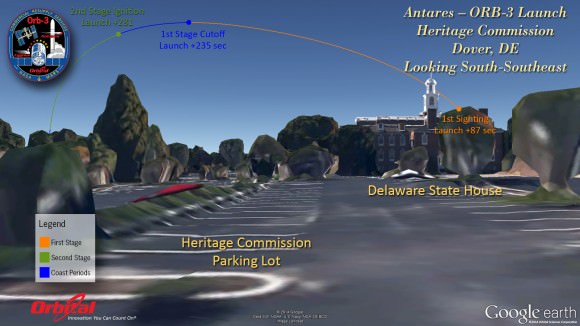 What the Antares launch will look looking south over Heritage Commission in Dover, DE. Credit: Orbital Sciences Corp.