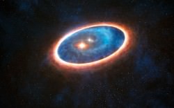 This artist’s impression shows the dust and gas around the double star system GG Tauri-A.  
