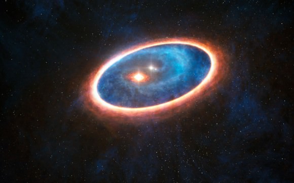 This artist’s impression shows the dust and gas around the double star system GG Tauri-A. Researchers using ALMA have detected gas in the region between two discs in this binary system. This may allow planets to form in the gravitationally perturbed environment of the binary. Half of Sun-like stars are born in binary systems, meaning that these findings will have major consequences for the hunt for exoplanets.