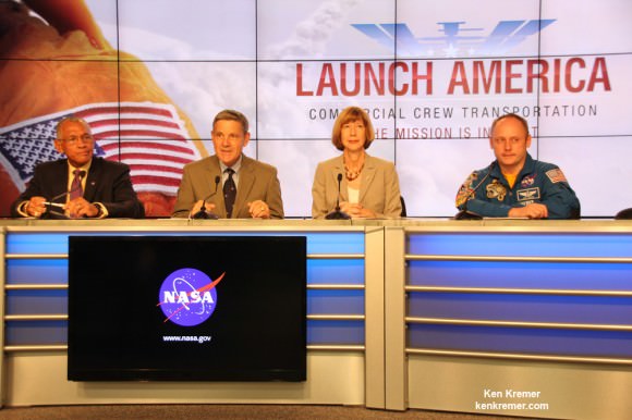 NASA Administrator Charles Bolden (left) announces the winners of NASA’s Commercial Crew Program development effort to build America’s next human spaceships launching from Florida to the International Space Station. Speaking from Kennedy’s Press Site, Bolden announced the contract award to Boeing and SpaceX to complete the design of the CST-100 and Crew Dragon spacecraft. Former astronaut Bob Cabana, center, director of NASA’s Kennedy Space Center in Florida, Kathy Lueders, manager of the agency’s Commercial Crew Program, and former International Space Station Commander Mike Fincke also took part in the announcement. Credit: Ken Kremer- kenkremer.com