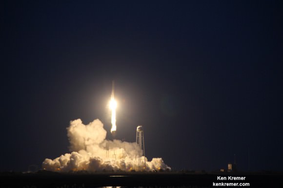 Ignition of Orbital Sciences Antares rocket appears nominal at first until it explodes moments after blastoff from NASA’s Wallops Flight Facility, VA, on Oct. 28, 2014, at 6:22 p.m. Credit: Ken Kremer – kenkremer.com