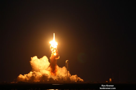 Base of Orbital Sciences Antares rocket explodes moments after blastoff from NASA’s Wallops Flight Facility, VA, on Oct. 28, 2014, at 6:22 p.m. Credit: Ken Kremer – kenkremer.com
