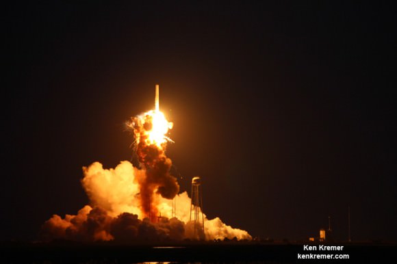 Base of Orbital Sciences Antares rocket explodes moments after blastoff from NASA’s Wallops Flight Facility, VA, on Oct. 28, 2014, at 6:22 p.m. Credit: Ken Kremer – kenkremer.com