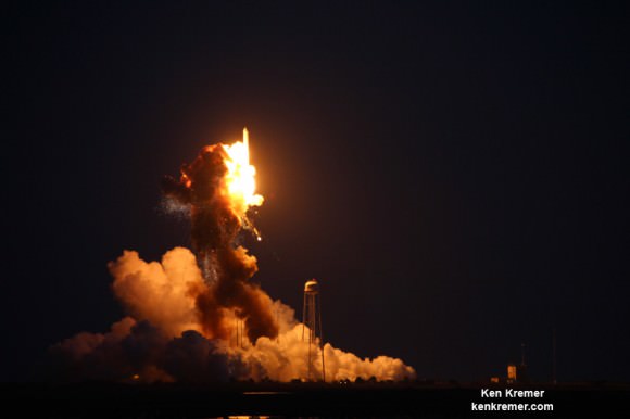 Antares loses thrust after rocket explosion and begins falling back  after blastoff from NASA’s Wallops Flight Facility, VA, on Oct. 28, 2014, at 6:22 p.m. Credit: Ken Kremer – kenkremer.com