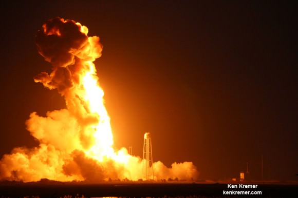 Antares falls back to the ground and being consumed shortly after blastoff and first stage explosion at NASA’s Wallops Flight Facility, VA, on Oct. 28, 2014, at 6:22 p.m. Credit: Ken Kremer – kenkremer.com