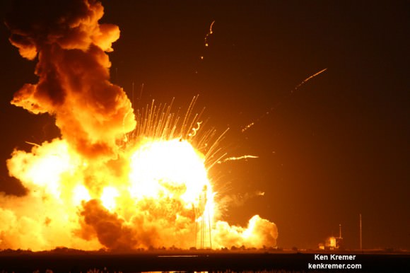Orbital Sciences Antares rocket explodes violently and is consumed in a gigantic aerial fireball seconds after blastoff from NASA’s Wallops Flight Facility, VA, on Oct. 28, 2014 at 6:22 p.m.  Credit: Ken Kremer – kenkremer.com